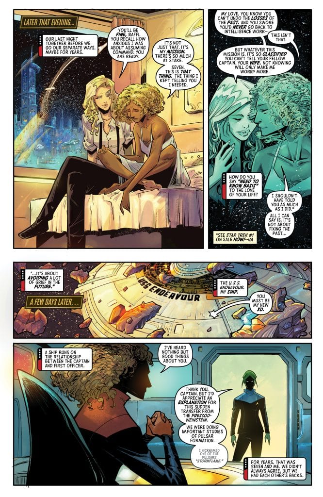 A comic panel featuring two women sharing a moment, one with straight blonde hair and the other with curly blonde hair, discussing emotional themes related to command and relationships in a futuristic setting.