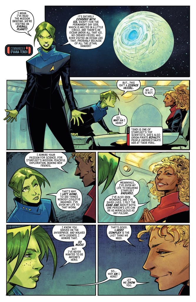 A comic book panel featuring Commander D'vana Tendi, a green-skinned character in a Starfleet uniform, discussing a mysterious icy planet with two other characters, one with curly blonde hair. The dialogue highlights Tendi's expertise in science and exploration.