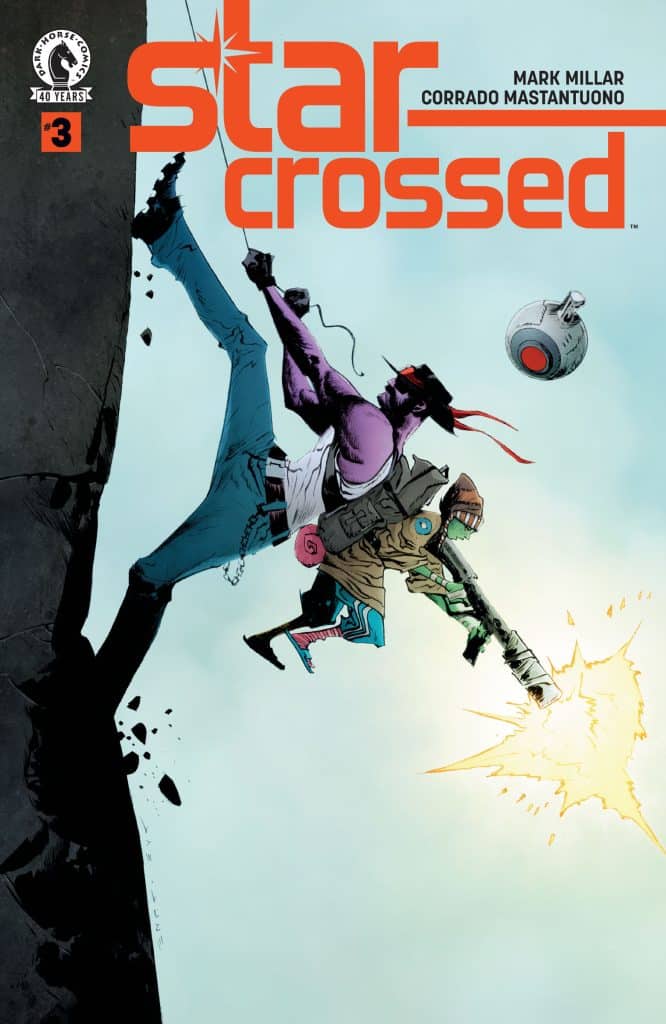 Cover of the comic book 'Starcrossed' issue #3, featuring two characters in dynamic poses, one climbing a rocky surface and the other firing a weapon. The title is prominently displayed at the top in bold orange letters.