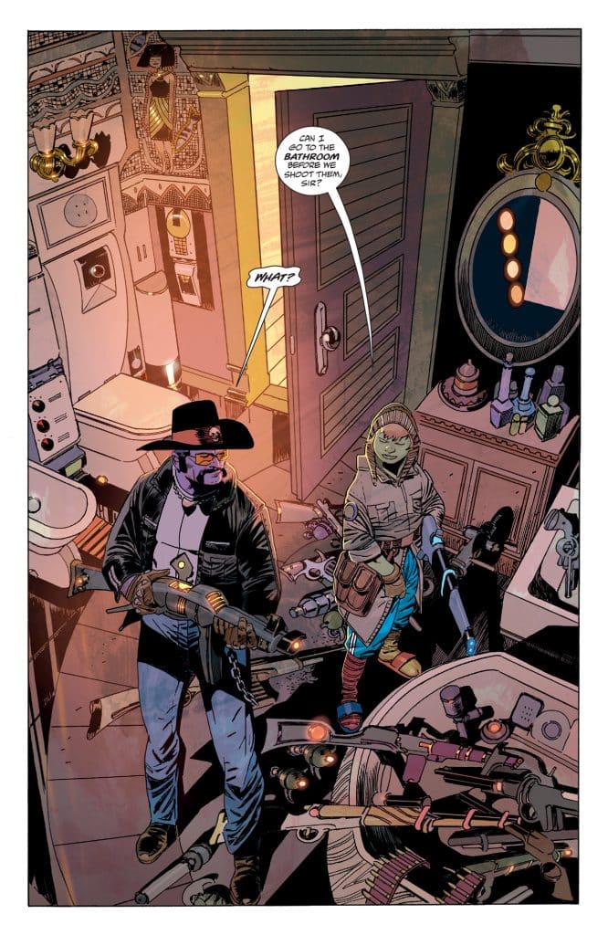 Two characters in a chaotic setting filled with weapons, one in a cowboy hat and vest, holding a strange firearm, and the other wearing a hood and holding a futuristic gun, discussing bathroom access before an impending confrontation.
