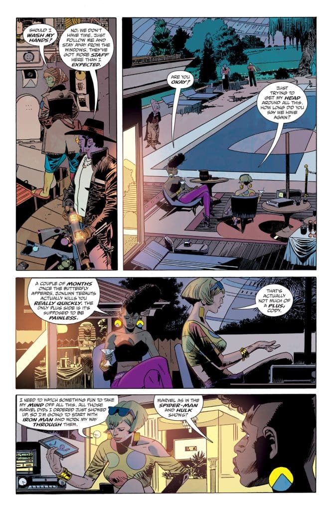 A comic book page featuring two panels with characters discussing events around a pool area. One character appears concerned while another reassures them. There's a woman in a colorful outfit sipping a drink and another character working on a laptop.