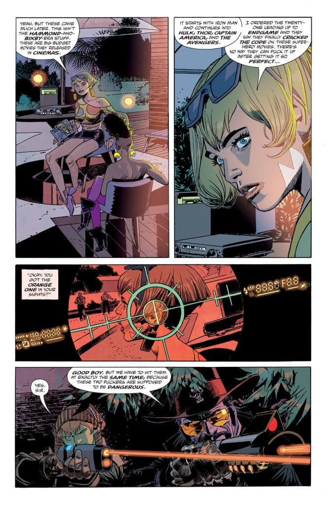 A comic book page featuring two female characters discussing movies, with one character holding comic books. The scene transitions to a more intense atmosphere with crosshairs targeting two individuals, as a male character prepares to shoot.