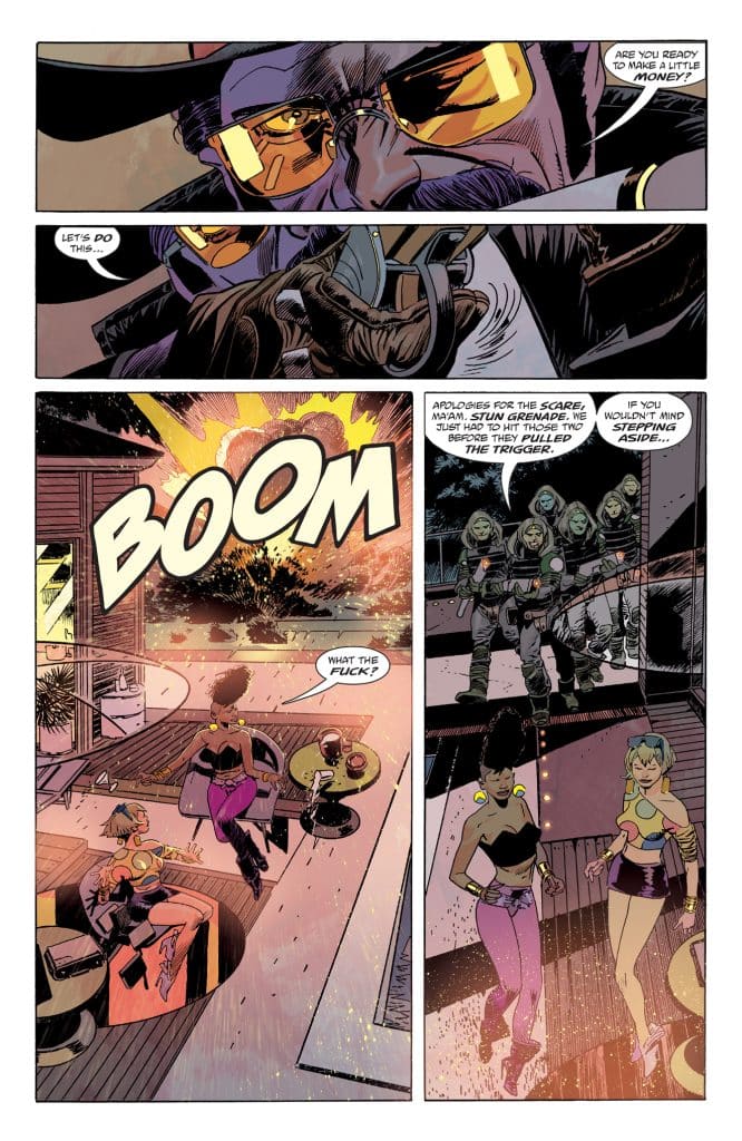A comic book page featuring two female characters discussing a heist, with explosions in the background. One character expresses surprise, while the other appears confident.