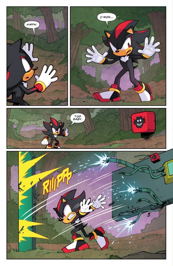 A comic panel featuring a character with black fur and red highlights, expressing annoyance with hands raised, in a forest setting.