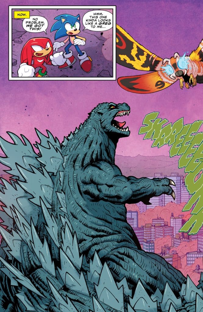 A comic-style image featuring Godzilla towering over a cityscape, with Sonic the Hedgehog and Knuckles the Echidna in the foreground discussing a giant moth creature flying nearby. The background has a colorful sunset.