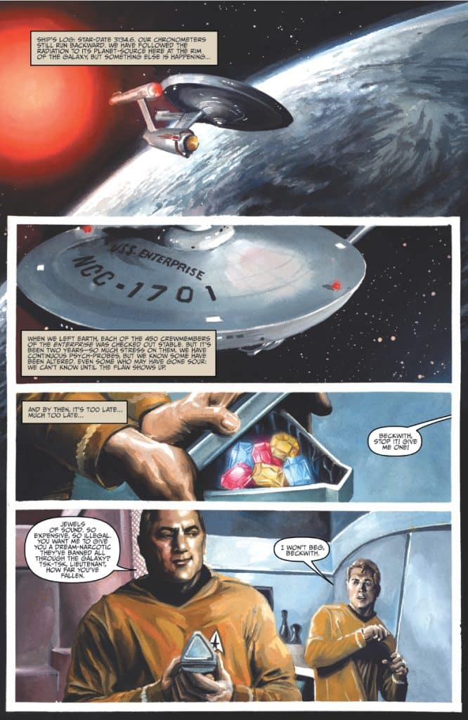 A starship, identified as USS Enterprise NCC-1701, is shown in space with a red sun in the background and a planet beneath. The image includes dialogue between two crew members discussing jewels and a potential flaw in their mission.