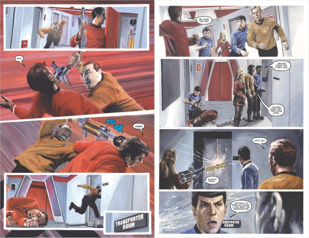 An action scene from a comic book featuring characters in space uniforms engaged in a confrontation. One character strikes another in a corridor while others rush towards a transporter room, displaying urgency and tension.