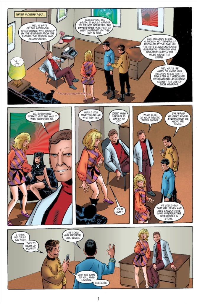 A comic panel depicting a conversation among several characters in a room with modern decor. A man in a suit is sitting at a desk, while a woman in a colorful outfit stands nearby. Two other men, one in a red uniform and another in blue, are engaged in the discussion, which includes references to a cat and a historical event.