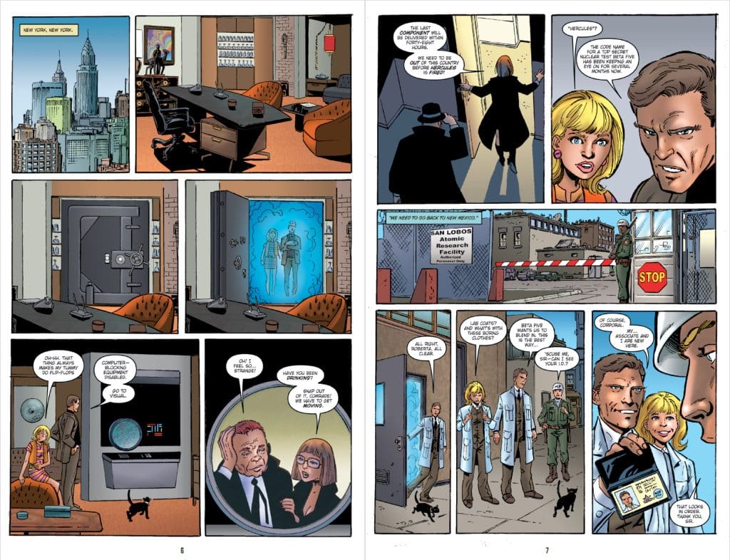 A comic book page featuring multiple panels set in New York City, with a skyline view, an office interior, and a scene at an atomic research facility. Characters include a man and a woman discussing while an older man and a woman in glasses observe. There is a reference to a vault and a computer screen, as well as a cat and a security guard in the foreground.