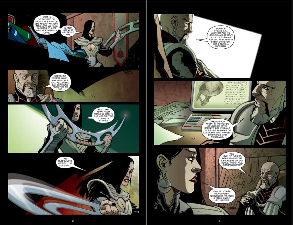 A comic book page featuring two characters engaged in a conversation, one holding a weapon and the other sitting in front of a computer. The dialogue discusses strategy and recent news, with one character appearing determined.