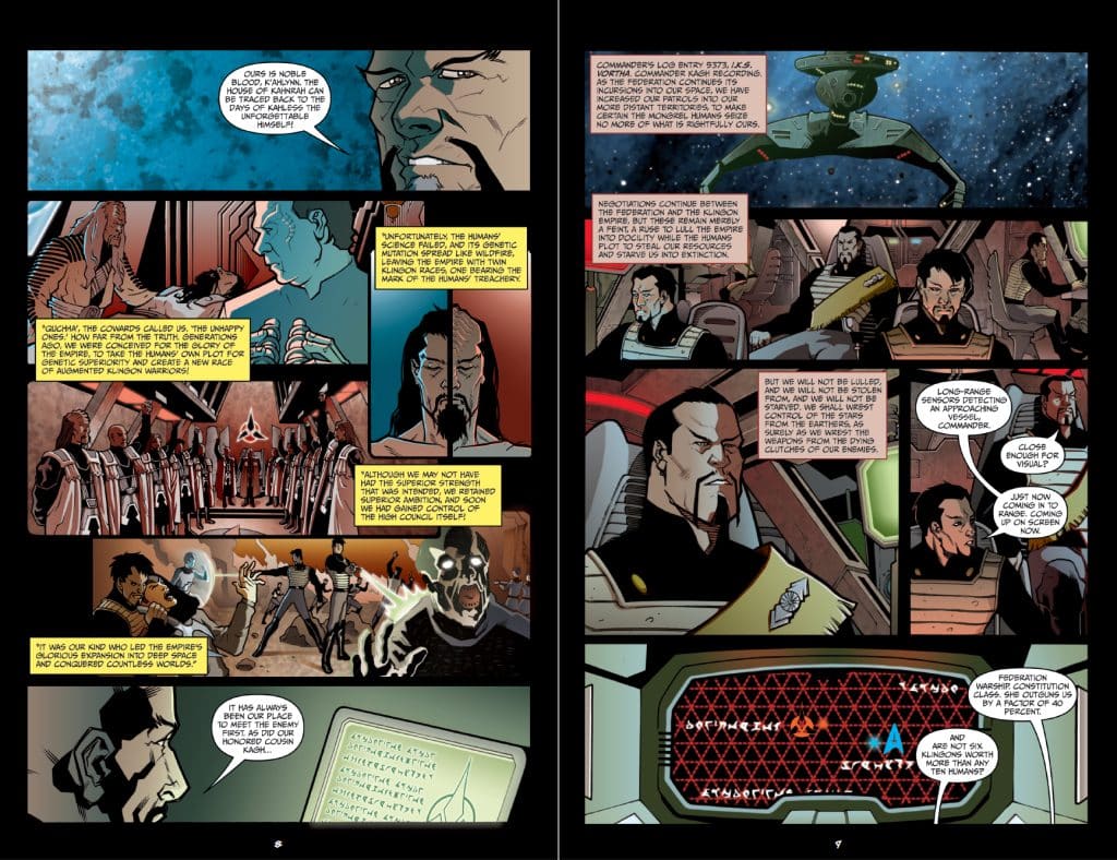 A comic page featuring a conversation among characters in a futuristic setting, discussing themes of betrayal, genetic enhancement, and political negotiations. It includes detailed artwork showcasing diverse alien figures and high-tech environments.