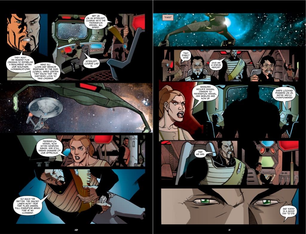 A comic page featuring a space-themed narrative with multiple panels. Characters engage in dialogue about intercepting a course, analyzing sensor data, and discussing the state of their ship. The scene includes a starship in space and characters expressing determination and urgency.
