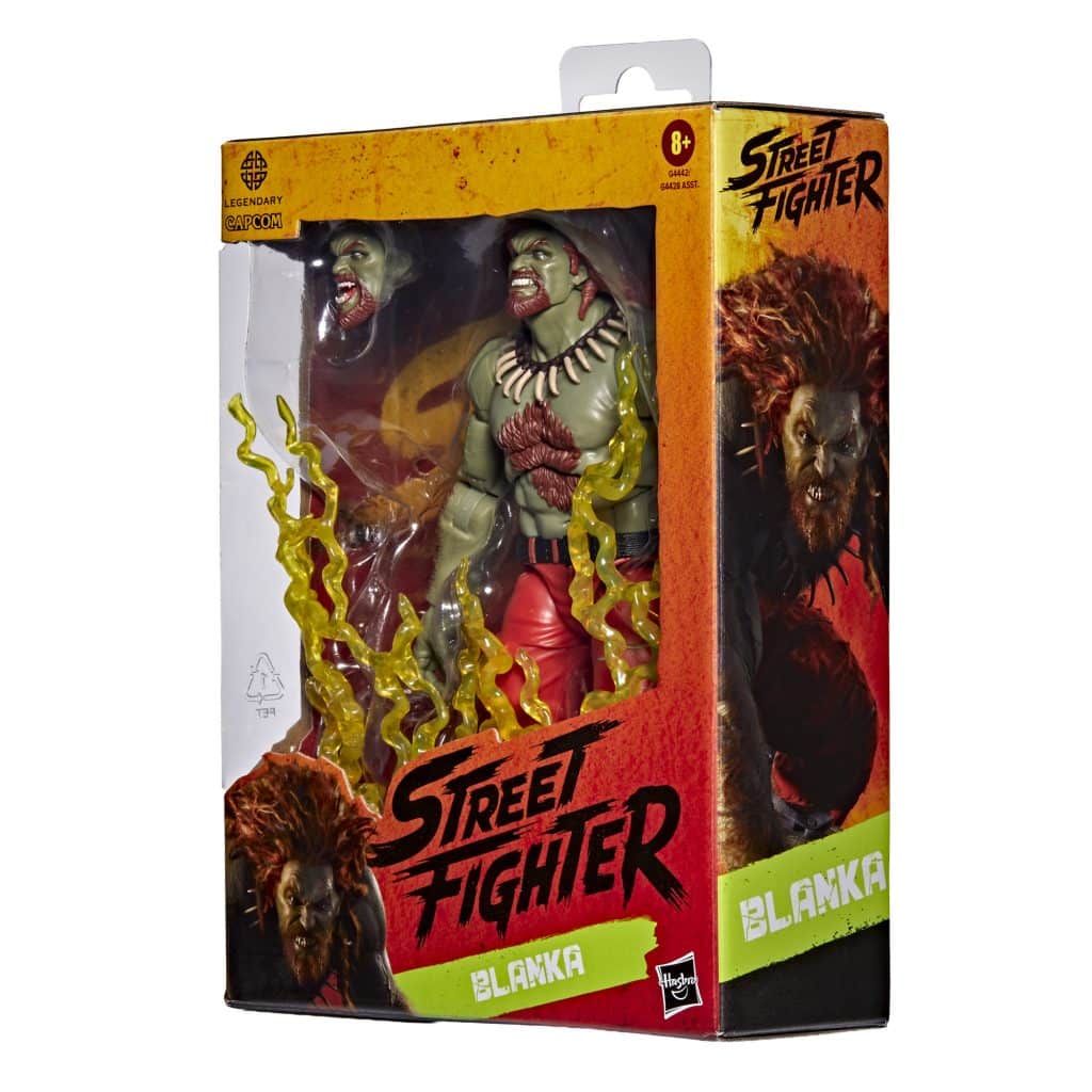 Packaging of a Blanka action figure from Street Fighter, featuring the character in green with red shorts and electric effects in the background.