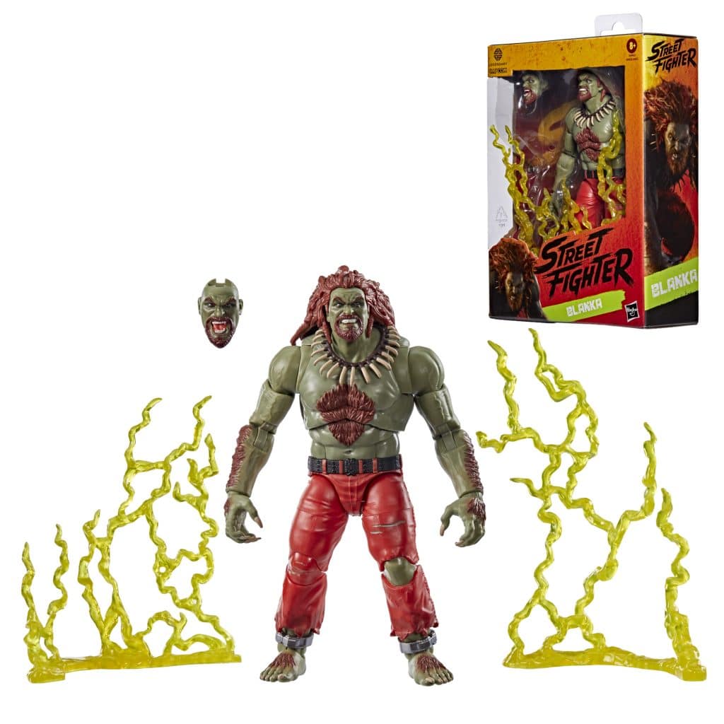 Action figure of Blanka from Street Fighter with interchangeable head and energy effects, displayed beside its packaging.