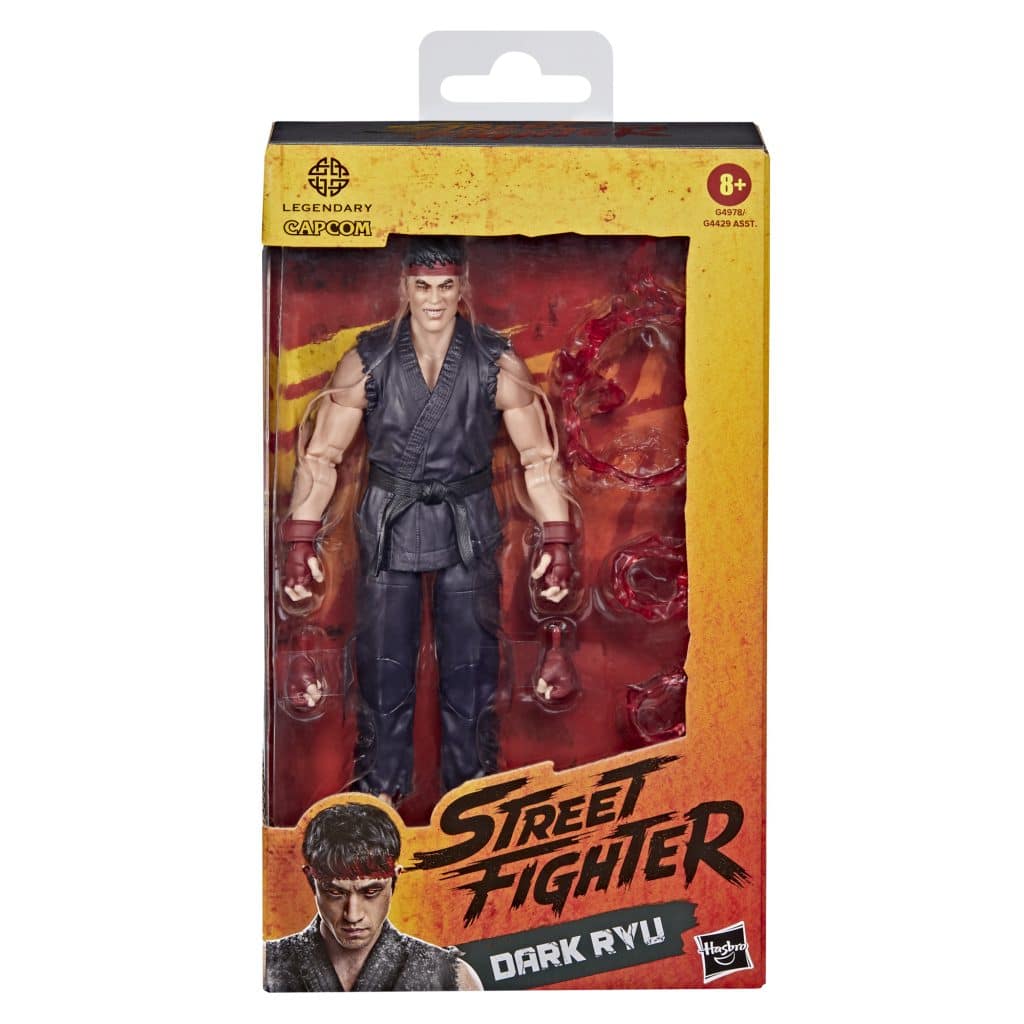 Action figure of Dark Ryu from Street Fighter packaging featuring character design and branding.