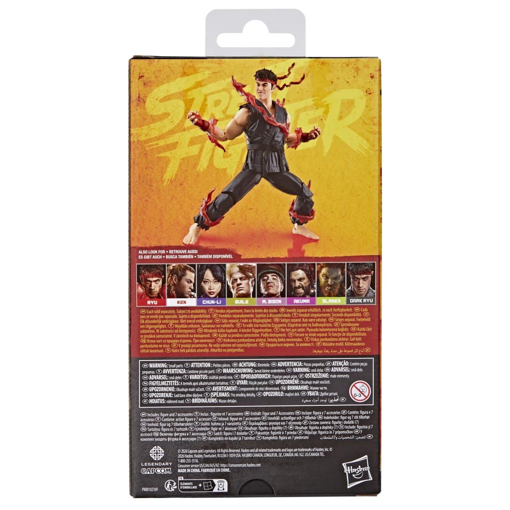 Back of a Street Fighter action figure box featuring a figure of Ryu in a fighting pose with a vibrant orange background and images of other characters like Ken, Chun-Li, and Blanka.