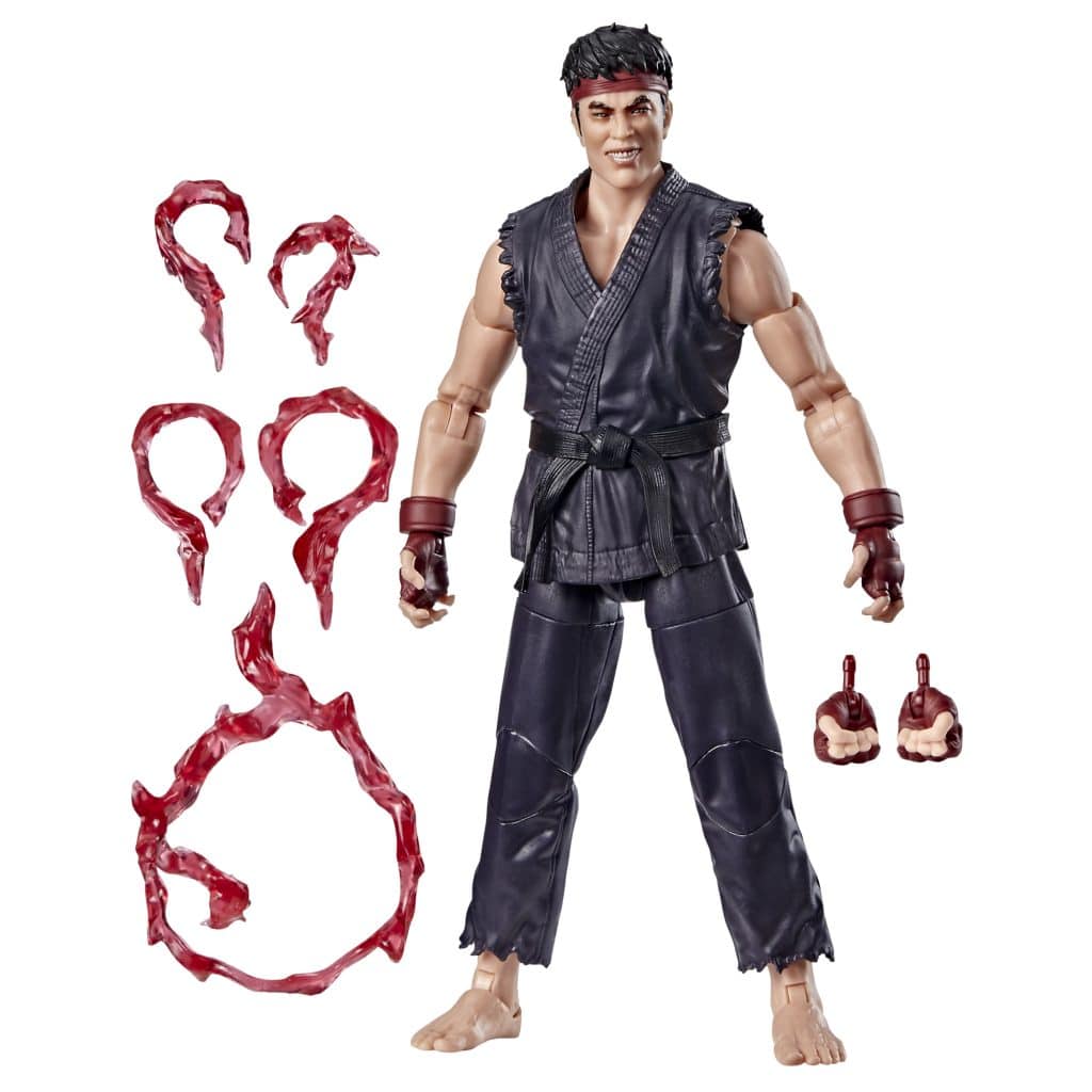 Action figure of a martial artist in black attire, accompanied by various accessories including fiery effect pieces and interchangeable hands.