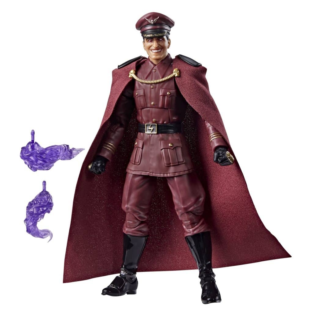 Action figure of a military character wearing a maroon cape and uniform, with black gloves and boots, accompanied by two purple energy effects.