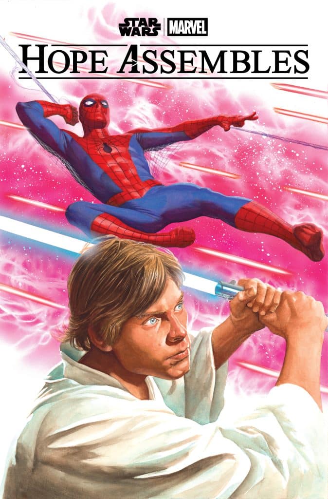 A comic book cover featuring Spider-Man swinging in the air and Luke Skywalker wielding a lightsaber, with a vibrant pink and cosmic background. The title reads 'Hope Assembles' and features 'Star Wars' and 'Marvel' logos.
