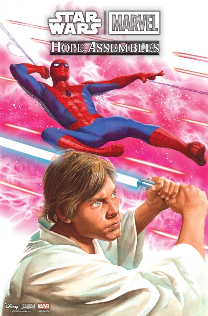 A vibrant comic cover featuring Spider-Man swinging above Luke Skywalker, who is holding a lightsaber, with a colorful, cosmic background. The text 'STAR WARS | MARVEL HOPE ASSEMBLES' is displayed prominently at the top.