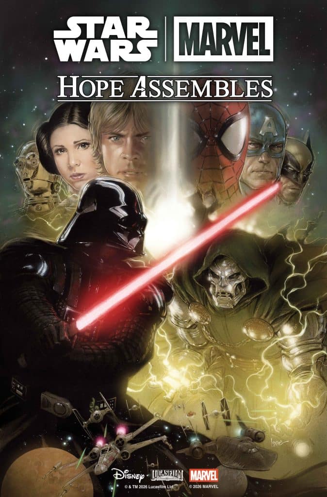 A comic cover featuring characters from Star Wars and Marvel, including Darth Vader, Luke Skywalker, Princess Leia, Spider-Man, Doctor Doom, and others. The title 'Hope Assembles' is prominently displayed at the top.