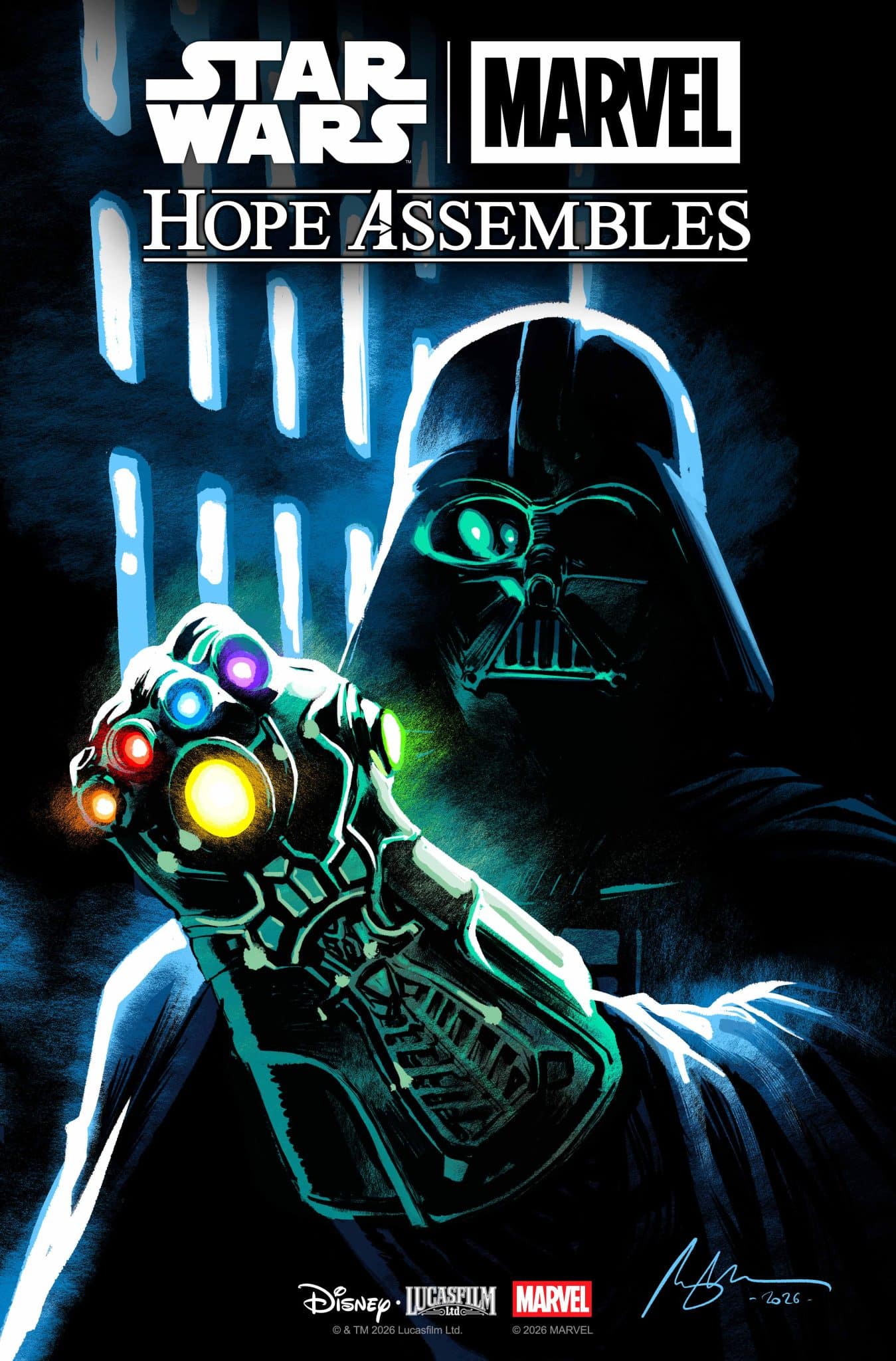 Darth Vader holding a glowing gauntlet with colorful gems, set against a dark background with a light streak pattern, featuring 'STAR WARS', 'MARVEL', and 'HOPE ASSEMBLES' text.