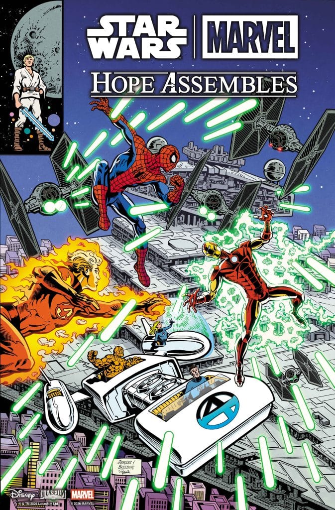 Comic cover featuring Spider-Man, characters from Star Wars, and Marvel heroes, with the title 'Star Wars | Marvel Hope Assembles' and dynamic action elements.