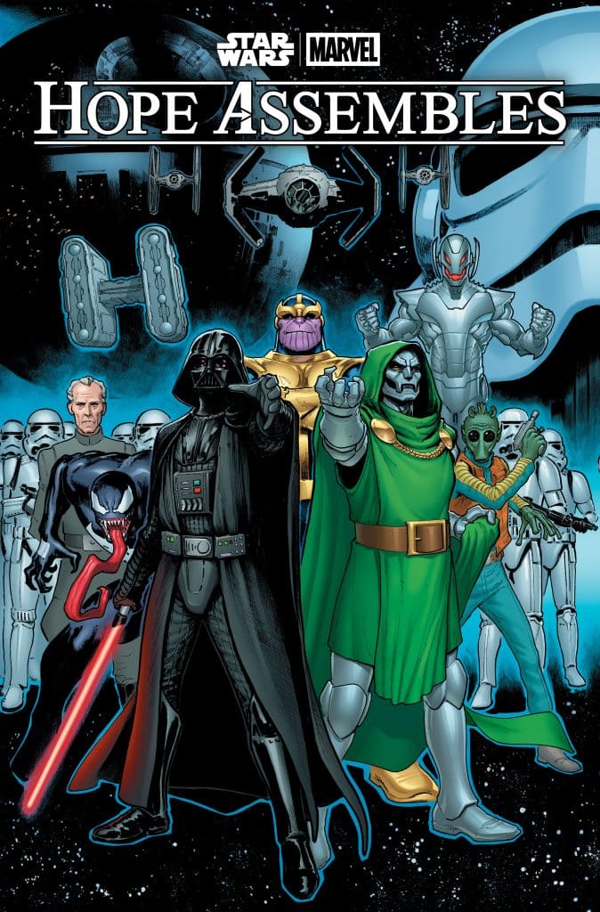 A comic book cover featuring a crossover of iconic characters from Star Wars and Marvel, including Darth Vader, Thanos, and Doctor Doom, set against a space backdrop with starships and Stormtroopers.