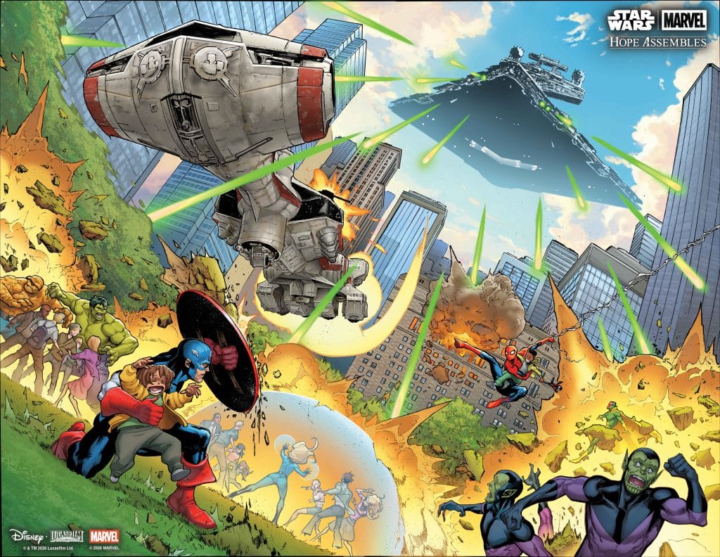 A dynamic comic book scene featuring Marvel superheroes, including Captain America and Spider-Man, engaged in battle. In the background, a Star Wars starship hovers while green laser beams are fired above a cityscape filled with explosions and chaos.