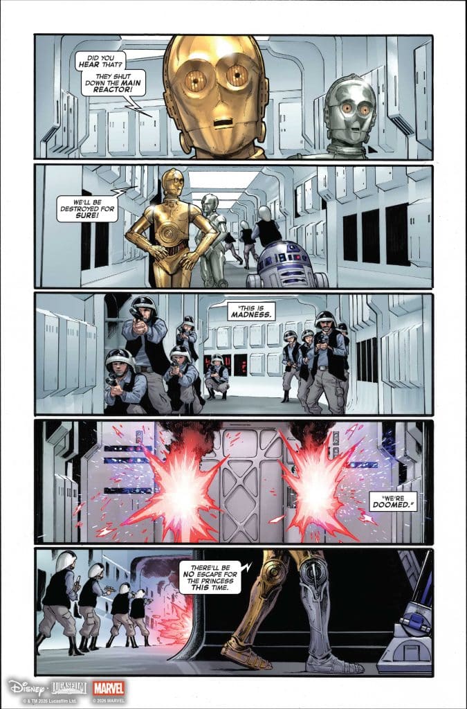 A comic strip scene featuring C-3PO expressing concern about the main reactor shutdown, with R2-D2 and stormtroopers in the background. The second panel shows C-3PO fearing destruction, while the third panel depicts chaos as blaster fire erupts near a door. The final panel suggests a sense of doom regarding Princess Leia's escape.