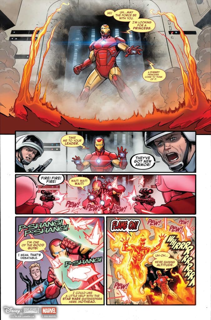 Comic panel featuring Iron Man in a red and gold suit interacting humorously with others, with explosions and energy blasts depicted around him.