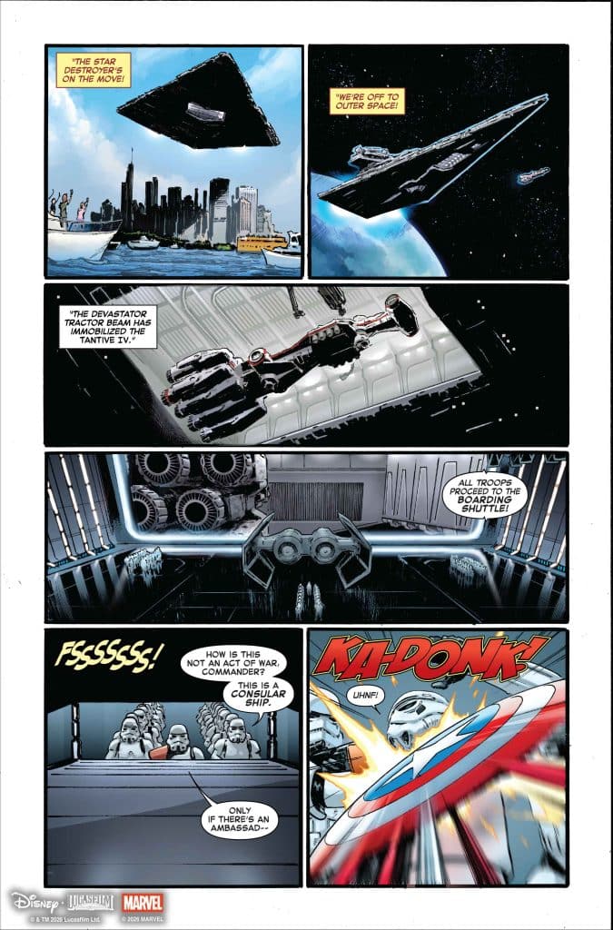 A comic panel depicting a Star Destroyer ship moving over a city skyline.