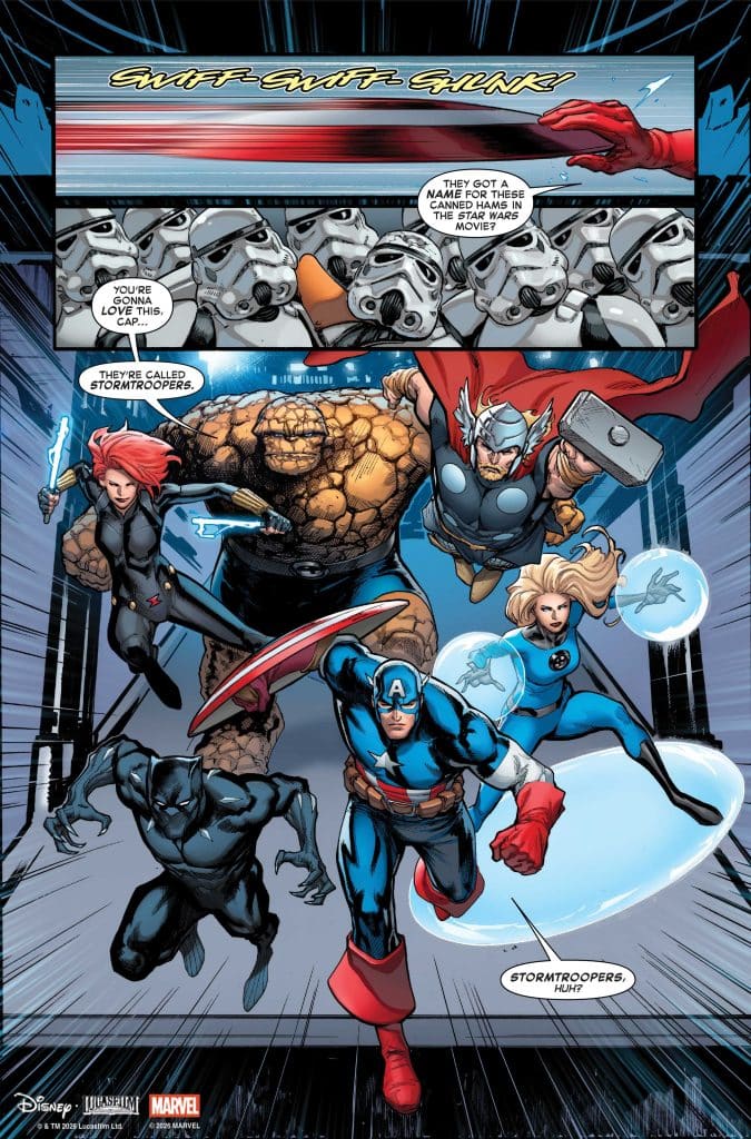 A comic book scene featuring superheroes including Captain America, Thor, Black Widow, the Thing, and the Invisible Woman, running towards a line of stormtroopers. The dialogue includes humorous commentary about the stormtroopers from the Star Wars franchise.
