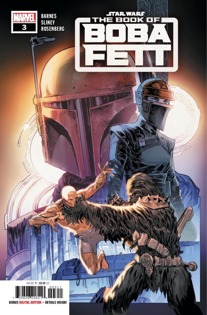 Comic book cover featuring 'The Book of Boba Fett' with Boba Fett in the background, a character in a black mask, and a confrontation between a Wookiee and a humanoid character.