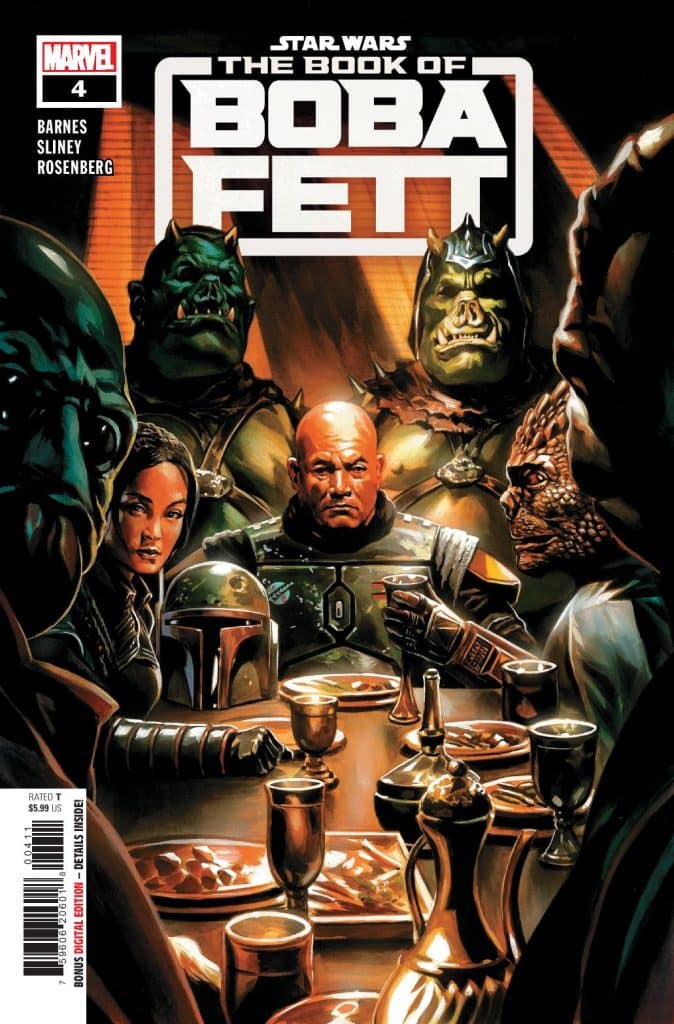 Cover of 'The Book of Boba Fett' comic book, featuring Boba Fett seated at a table with various characters in a dimly lit setting. The characters include a mix of species and appearances, suggesting a gathering in a sci-fi themed environment.
