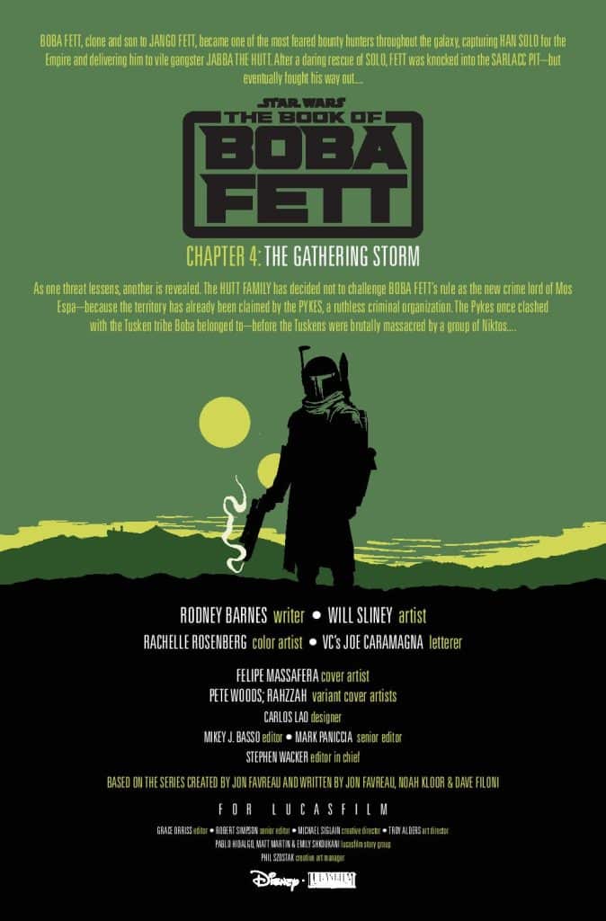 Cover page for 'The Book of Boba Fett', Chapter 4: The Gathering Storm, featuring the character Boba Fett with a silhouette against a colorful background, highlighting author's names and production details.