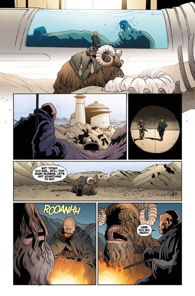 A comic book scene depicting two characters in a desert landscape. One character is on a large creature resembling a woolly mammoth, while the other character observes from a distance. In the background, two strange structures can be seen. The characters are discussing a plan while a fire burns nearby.