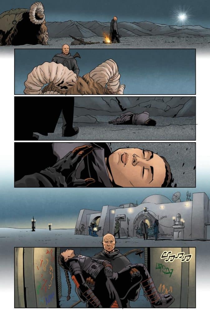 A comic book panel depicting a barren landscape with a large ram-like creature and a fire in the foreground. A bald man stands in the distance, while a figure lies on the ground, presumably unconscious. In subsequent panels, the scene shows variations of the figure lying down with close-ups of their face and body, leading to another scene featuring a woman slumped in the arms of the bald man inside a structure.