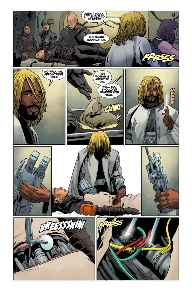 A group of characters in a futuristic setting discusses a woman's medical modifications. One character, with blonde hair, examines a patient's body, preparing for a procedure.