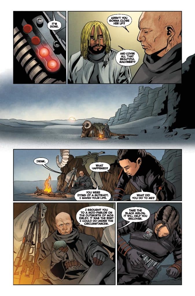A comic book scene featuring two characters conversing about machinery and recovery. The background shows a vast landscape with a setting sun, while one character offers a drink to another who appears to be recovering from a gunshot wound.