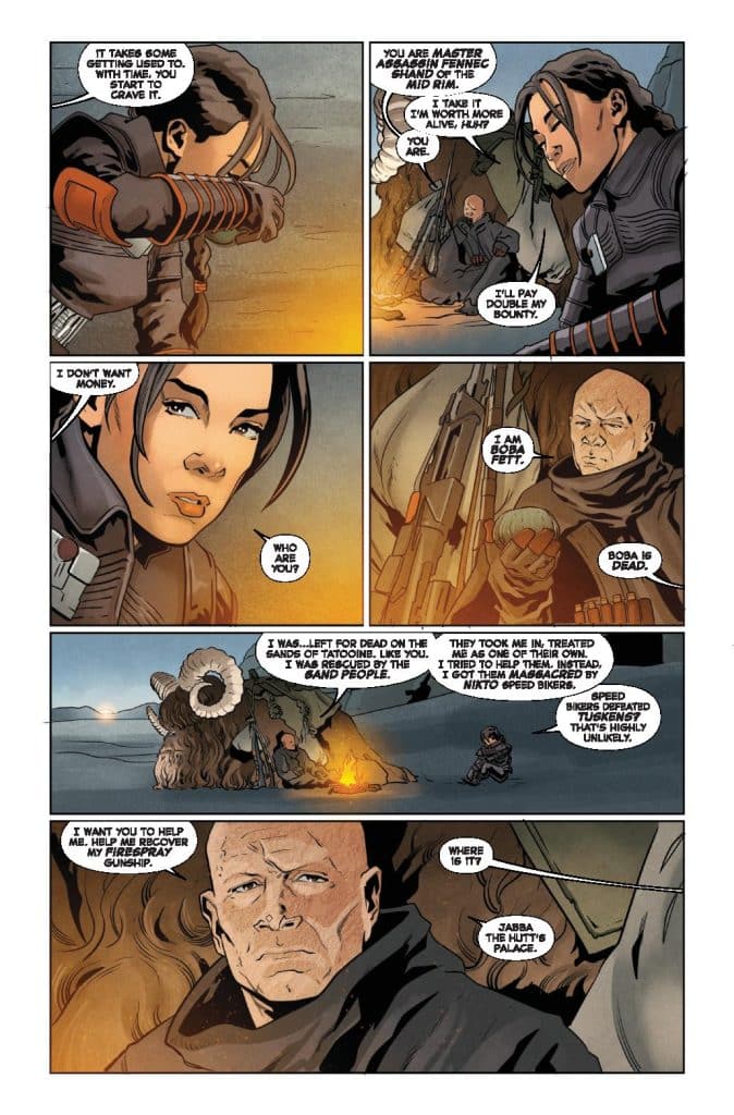 A comic panel featuring a conversation between two characters. The first character, a woman, expresses her reluctance for money, while the second character, a bald man, introduces himself as Boba Fett and describes his past experiences. The scene is set against a backdrop that includes a campfire and a desert landscape.