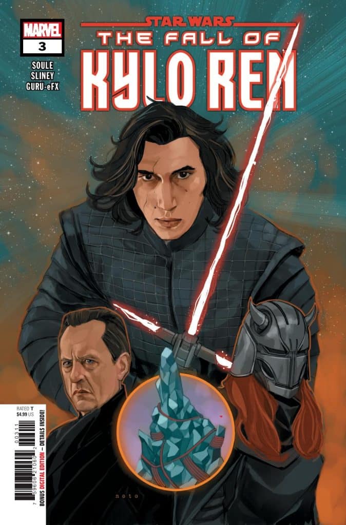 Cover of Marvel's Star Wars comic 'The Fall of Kylo Ren' Issue 3, featuring Kylo Ren wielding a red lightsaber, with an intense expression. In the background, there are two additional characters, one wearing a helmet and the other appearing concerned. A crystal-like object is depicted in the foreground.