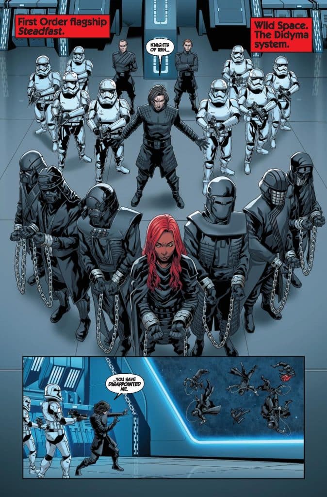 A scene inside the First Order flagship, Steadfast, featuring Kylo Ren and the Knights of Ren standing with Stormtroopers in a menacing posture. In the foreground, a figure appears to express disappointment.