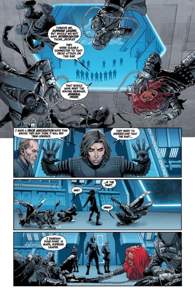 A comic book panel depicting a tense confrontation in a futuristic setting. Characters include a leader with flowing hair and a woman with red hair, both confronting a group of restrained individuals. The scene illustrates a discussion about a past droid attack and the implications of their actions.