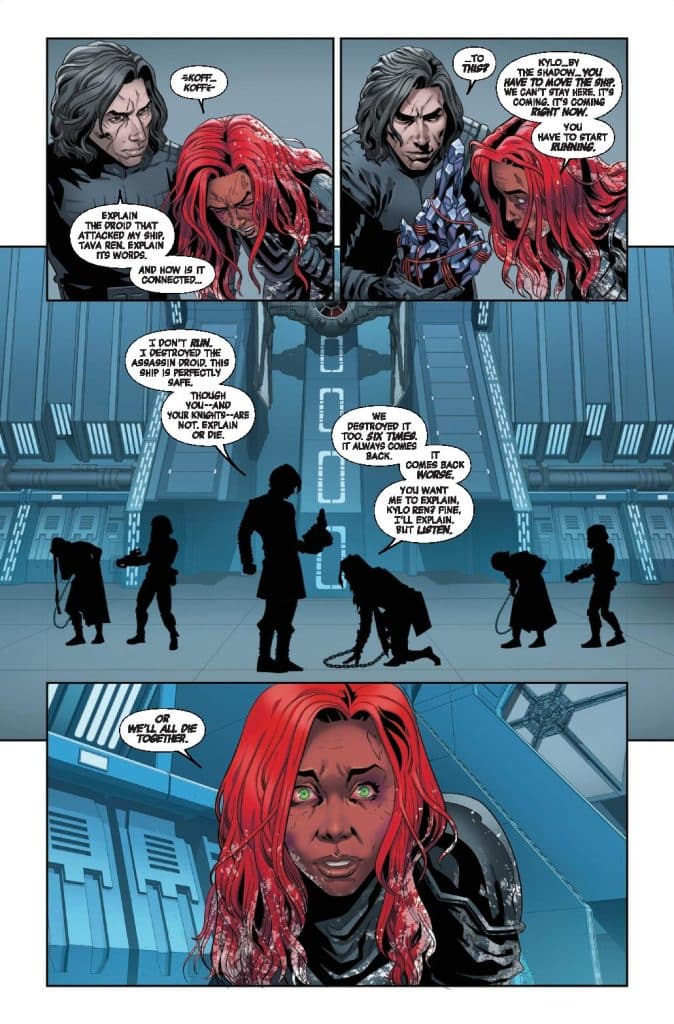 A comic book panel showing a tense conversation between characters, one with dark hair and the other with red hair and green eyes, set in a sci-fi environment. The characters appear to be discussing a threat posed by a robotic entity, with expressions of concern and urgency.