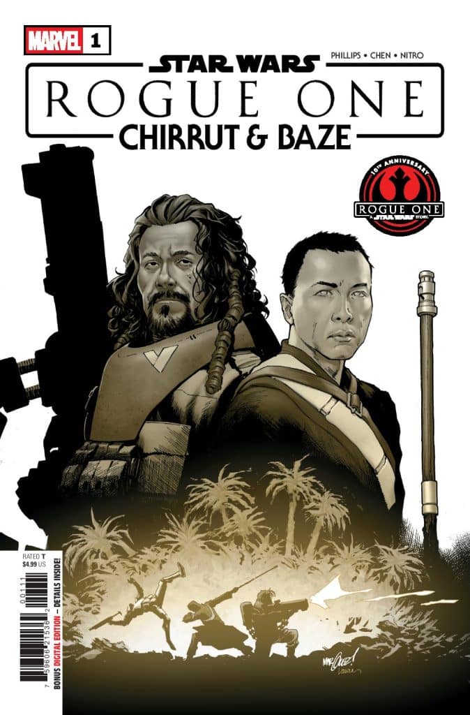 Cover art for 'Star Wars: Rogue One' comic featuring characters Chirrut and Baze, illustrated in a dramatic style with a background of palm trees and silhouetted figures in action.