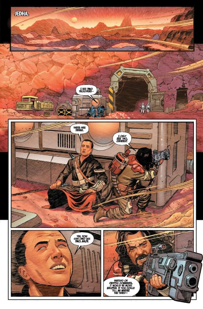 A comic panel set on the desert planet Jedha, depicting two characters in a crouched position, discussing the presence of stormtroopers. One character holds a weapon while the other seems to smile, indicating a mix of tension and humor. The background shows a rugged landscape with an entrance to a structure.