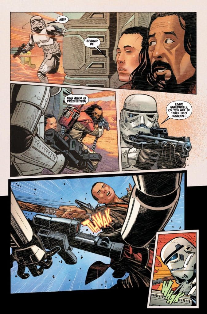 A comic book panel featuring a Stormtrooper pointing a weapon while a group of characters react in surprise. One character points towards the Stormtrooper, and another appears to be preparing to shoot back.