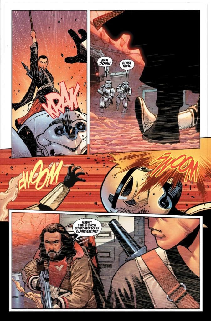 Comic panel showing a character with a weapon attacking, while two stormtroopers react by moving toward the action.