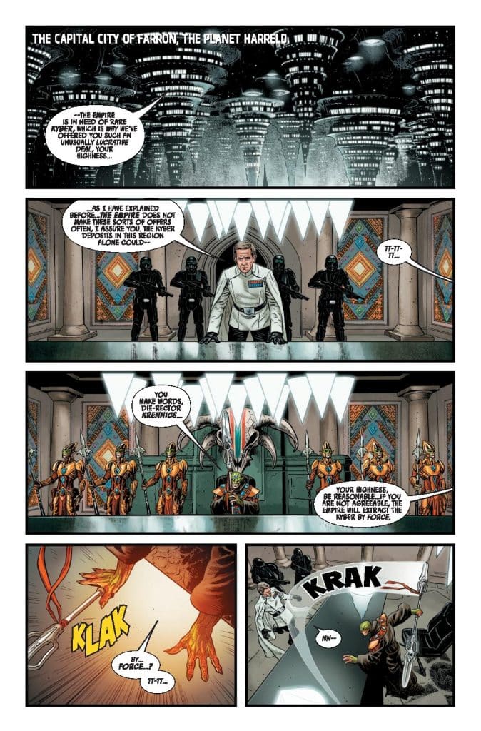 A comic book page set in the capital city of Farron on the planet Harreld, featuring characters in a tense negotiation scenario, including a seated figure in a military uniform, dark-clad guards, and alien figures in ornate attire. The scene conveys conflict and urgency, highlighted by dynamic dialogue and action elements.